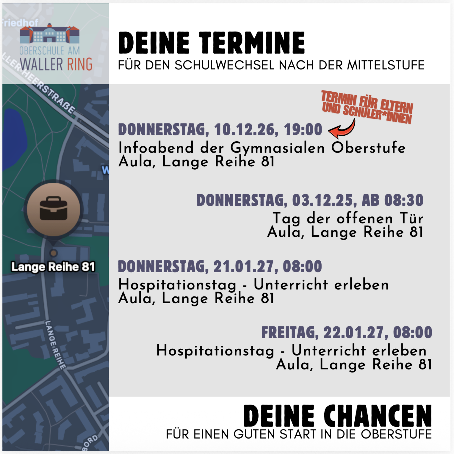 Der Flyer der Oberschule am Waller Ring - Termine in der Übersicht